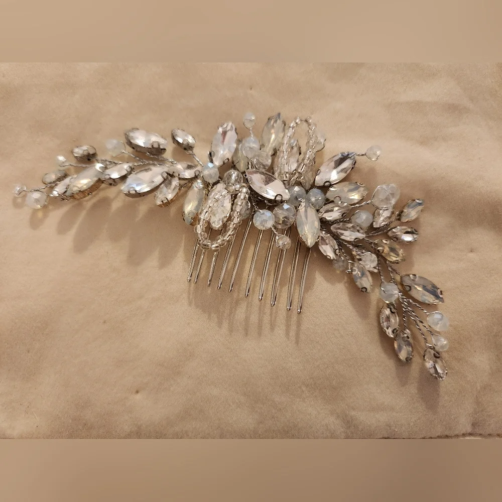 Hair Comb, Rhinestone Opaline Crystal, Beaded, Bridal, Wedding, Bendable